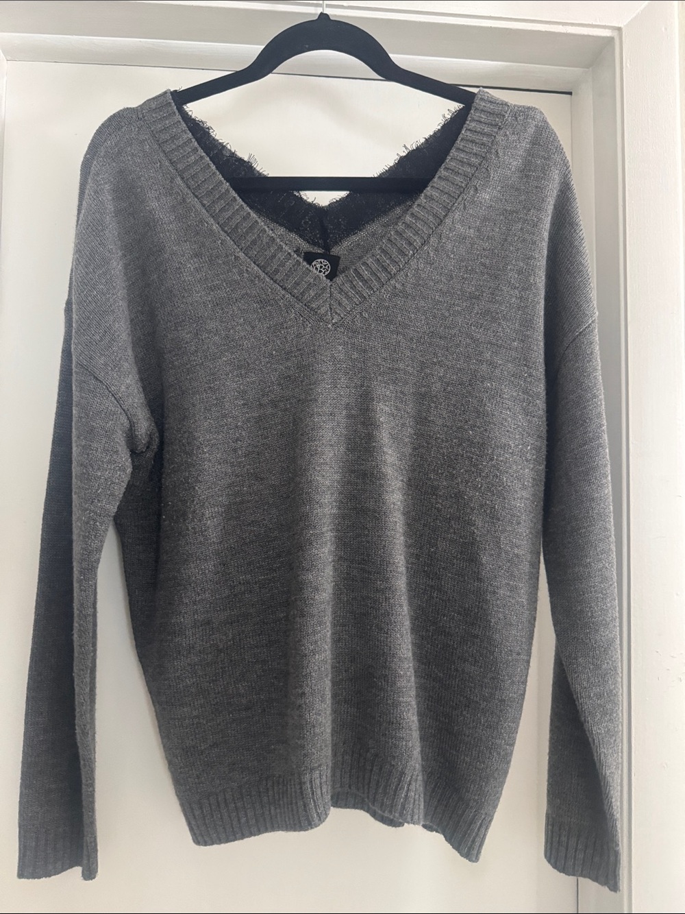 bobeau Gray V-Neck with lace trim Sweater - Soft Knit Pullover